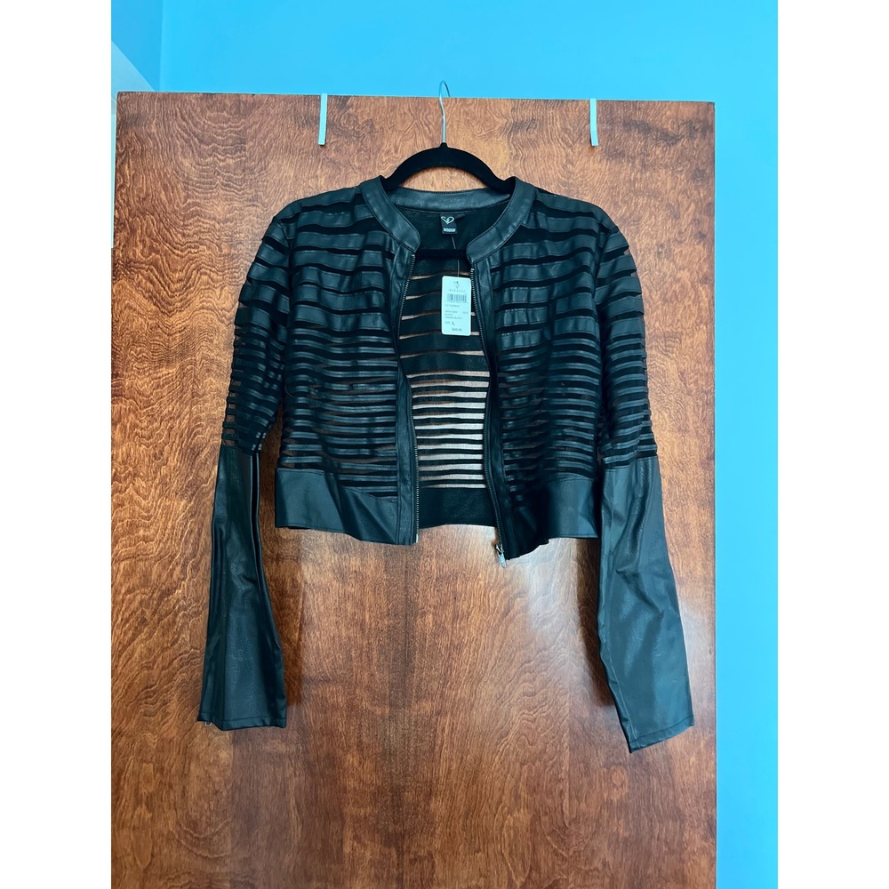 NEW Windsor Cropped Jacket Womens Size L Black Faux Leather Mesh Striped Moto